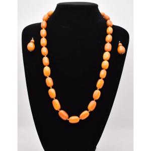 A Natural Oval Egg Yolk Butterscotch Amber Bead Necklace W/ Earrings 44.2g 27.5"