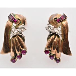 Pair Of 1940's Gold Set Ruby & Diamond Cluster Earrings W/ Clip-on Fittings
