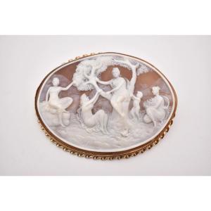 A Large Shell Carved Cameo Brooch By D. Fulio On 9ct Gold Mount