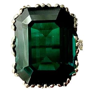 Very Large Vintage White Gold Ring With Emerald-cut Green Tourmaline – Approximately 12.75 Carat