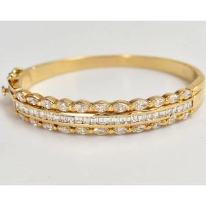A Vintage Mid Century 14ct Gold Three Row Fancy Cut Diamond, Half Hinged Bangle