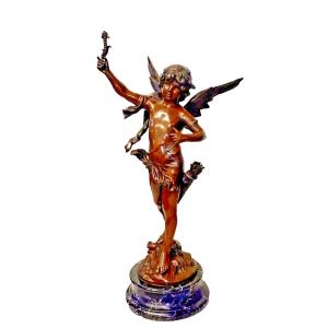 A Large Bronze Sculpture Of Cupid By Louis Auguste Moreau Signed Ca 19th Century