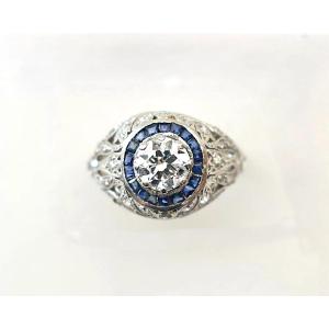 A Rare Art Deco Platinum 1.5ct Diamond & Sapphire Target Cluster Ring Ca 1920's
