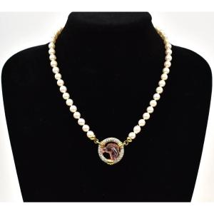A Vintage Chaumet Pearl Necklace W/ Diamonds & Carved Tourmaline Horses Head