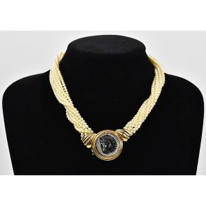 Chaumet Diamond & Pearl Choker Necklace Carved Cameo Black Onyx Horse Head & Diamond Halo