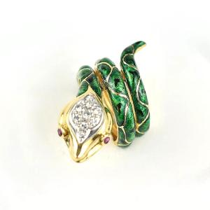 Mid Century 18ct Gold Green Enamel, Diamond & Ruby Double Coiled Snake Ring