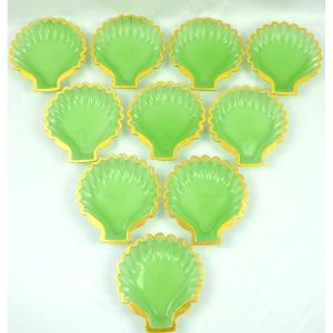 Set Of 10 Antique French Green Opaline Glass Scallop Shells Dishes W/ Gilt Edge
