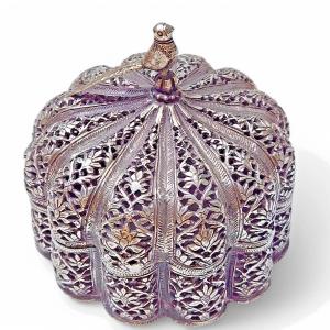 Antique Mughal Solid Silver Chased Pandan Trinket Box, India Circa 19th Century