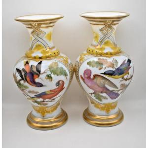 Rare Pair Of Baccarat Opaline Hand Painted Vases By Jean Francois Robert