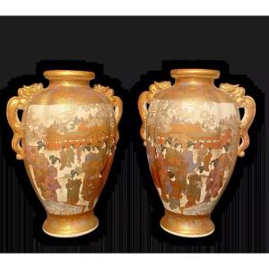 A Large Pair Of Antique Meiji Period 1867-1912 Satsuma Vases Artist Signed