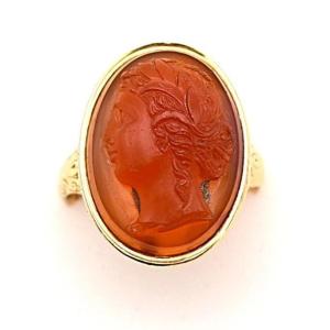 Antique 18ct Gold Carnelian Intaglio Ring Classical Female Portrait Circa 1830's