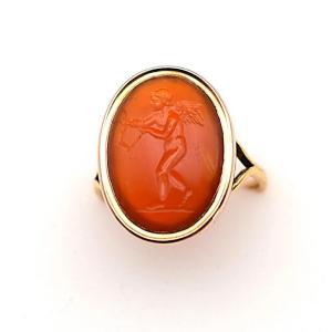 Antique 22ct Gold Red Carnelian Hardstone Cherub Intaglio Seal Signet Ring