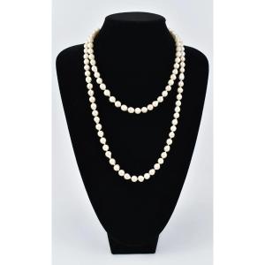 Vintage Long Necklace Of Uniform 8.75mm Baroque Cultured Pearls. Diamond Clasp