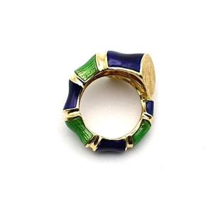 Vintage Mid Century Blue & Green Enamel On 18 Ct Yellow Gold Bamboo Design Ring