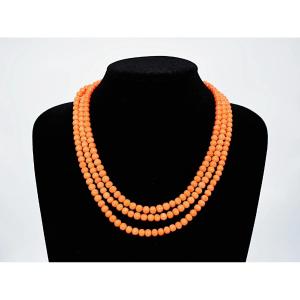 Vintage Triple Strand Natural Round Coral Beaded Necklace 19.5"- 20.5" Ca 1900