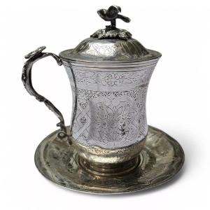 Antique Ottoman Empire Silver Sahlep Cup & Cover Floral Engraved. Bird Finial