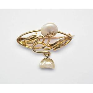 Antique Art Nouveau Yellow Gold Pearl Leaf & Floral Design Brooch Ca 1900