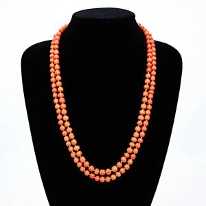 Vintage Single Stranded Beaded Salmon Coral Necklace With Silver Clasp 51"