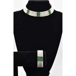 Mid Century Pearls & Malachite 18ct Gold Choker With Matching Bangle 15" Italian