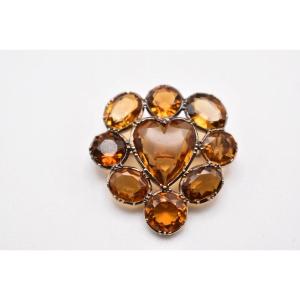 Antique Yellow Gold Triple Claw Set Nine Stone Golden Citrine Heart Brooch