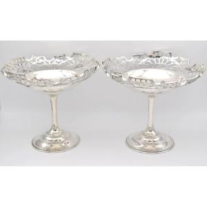 Pair Of Silver Tazzas With Lattice Pieced Detail By Martin Hall & Co Ltd 1912/19