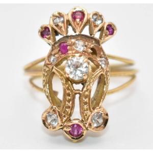 Edwardian Style 9ct Rose Gold Diamond Set W/ Smaller Diamonds & Ruby Ring Size M