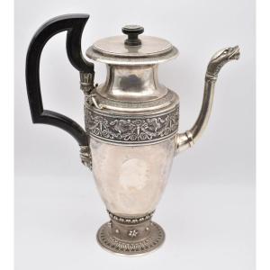 A Antique Empire Highly Detailed Engraved Solid Silver Coffee Pot Circa 19th C