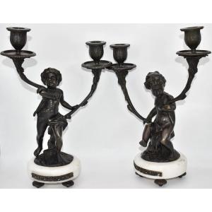 Pair Of French Bronze Puttis Figures On Marble Base Candle Holders
