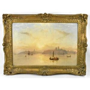 Elegant Framed Waterscape Painting – Serene Sunset With Boats And City Silhouett