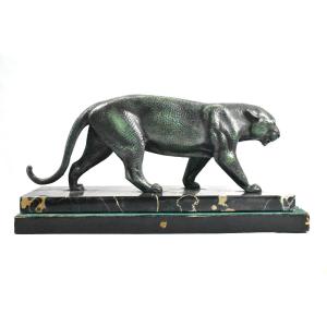 Art Deco Bronze Panther Sculpture On Marble Base – Animalier Style, C.1920's