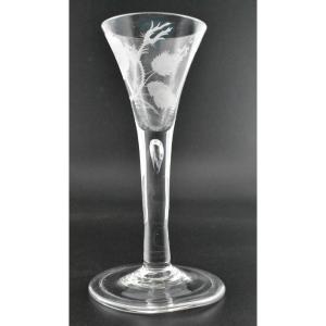 18c Jacobite Wine Glass With Engraved Rose Spray, “fiat” Motto & Teardrop Stem