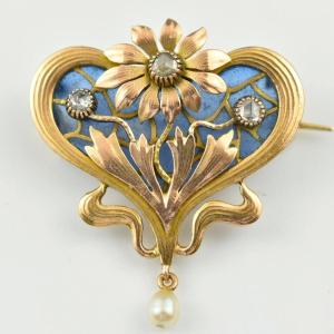 Art Nouveau Plique A Jour Enamel 18ct Gold Heart-shaped Brooch Diamonds & Pearl