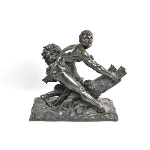 A Large Antique Bronze Sculpture Milo Of Croton Trapped In The Oak Tree By Lion