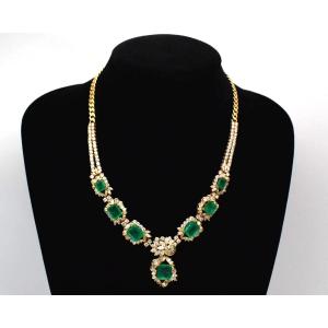 18kt Yellow Gold Set Fine Columbian Emerald & Diamond Drop Neckchain