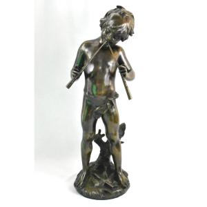 A Large Antique Bronze Sculpture Of Flute Player Signed Aug. Moreau French 19thc