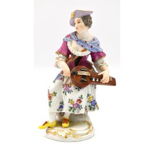 Antique Meissen Porcelain Figurine Of A Woman Playing A Hurdy-gurdy