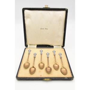 Cased Harrods London Set Of 6 David Andersen Silver Enamel Spoons Norway Ca 1900