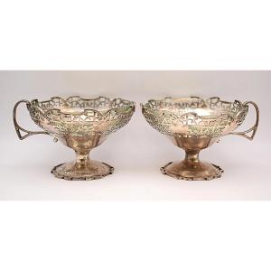 Pair Of Antique 1933 Viners George V Sterling Silver Dessert Dishes Glass Liners
