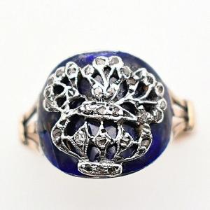 Antique Georgian 18ct Gold Ring Silver And Diamond Set On Blue Enamel 0.15ct