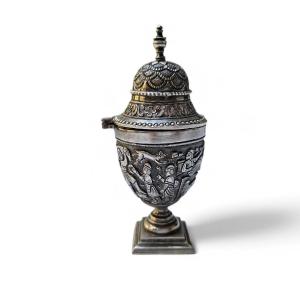 Antique Indian Colonial Silver Betel Nut Container – Intricately Embossed Folklo