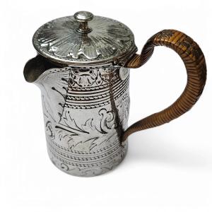 Antique Silver Lidded Jug – Hand-engraved Floral Design – Woven Handle