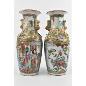 Pair Of Canton Porcelain Hand Painted Vases, China, Late 19th Century