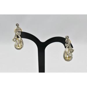 Pair Mid Century French 14ct White & Yellow Gold & Diamond Scroll Stud Earrings