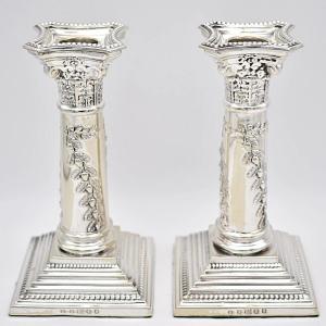 Pair Of Edwardian Corinthian Column Silver Plate Candlesticks By John Pound & Co