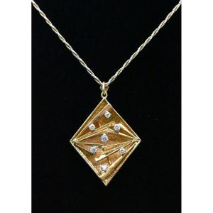 Mid Century 18 Carat Gold & Diamond Pendant With Two Tone 14ct Gold Chain 1960s