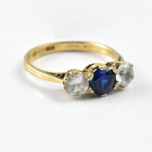 Vintage Mid-century 9ct Gold 3-stone Ring One Blue & Two White Synthetic Stones