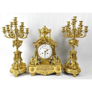  Huge Henry Dasson French Gilt Bronze Clock Set & 10 Light Canelabras