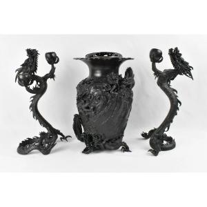 Japanese Bronze Dragon Usubata Vase With Two Dragon Candle Holder
