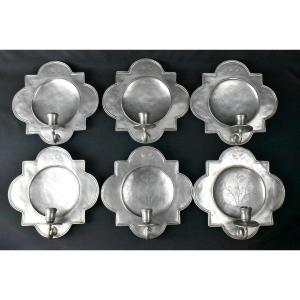 Set Of Six Vintage Pewter Quatrefoil Cross In Square Wall Sconce Candle Holders