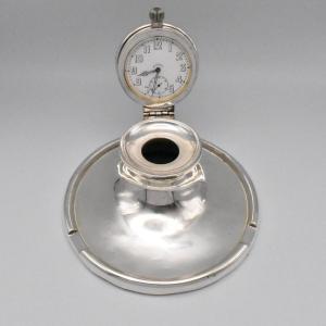 Edwardian Capstan-shaped Desk Inkwell With Pocket Watch / Clock Sterling Silver